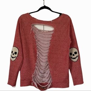 Long sleeve, skull patched elbows, cut and distressed.